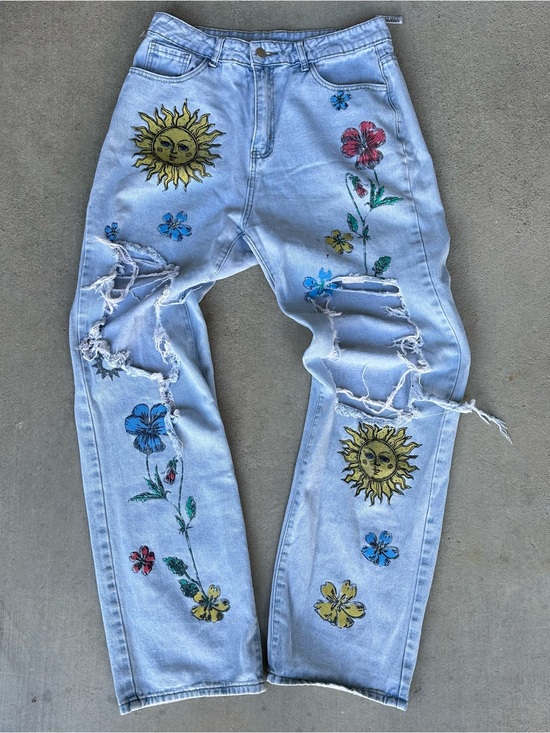 SHEIN Denim - Light Wash Floral Sun Patch Distressed Women’s High Rise Jeans Size L 40/42